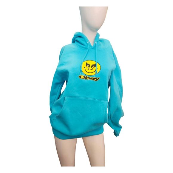 Obey Grim Smiley Graphic Hoodie Mens Size Medium Blue - Picture 1 of 9